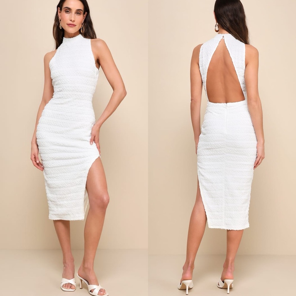 Lulus | Gorgeous Delight White Textured Mock Neck Cutout Midi Dress